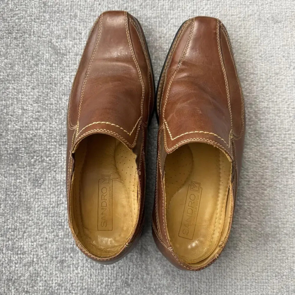Sandro Shoes Mens Size 9.5 Brown Leather Slip On Comfort Loafers Square Toe